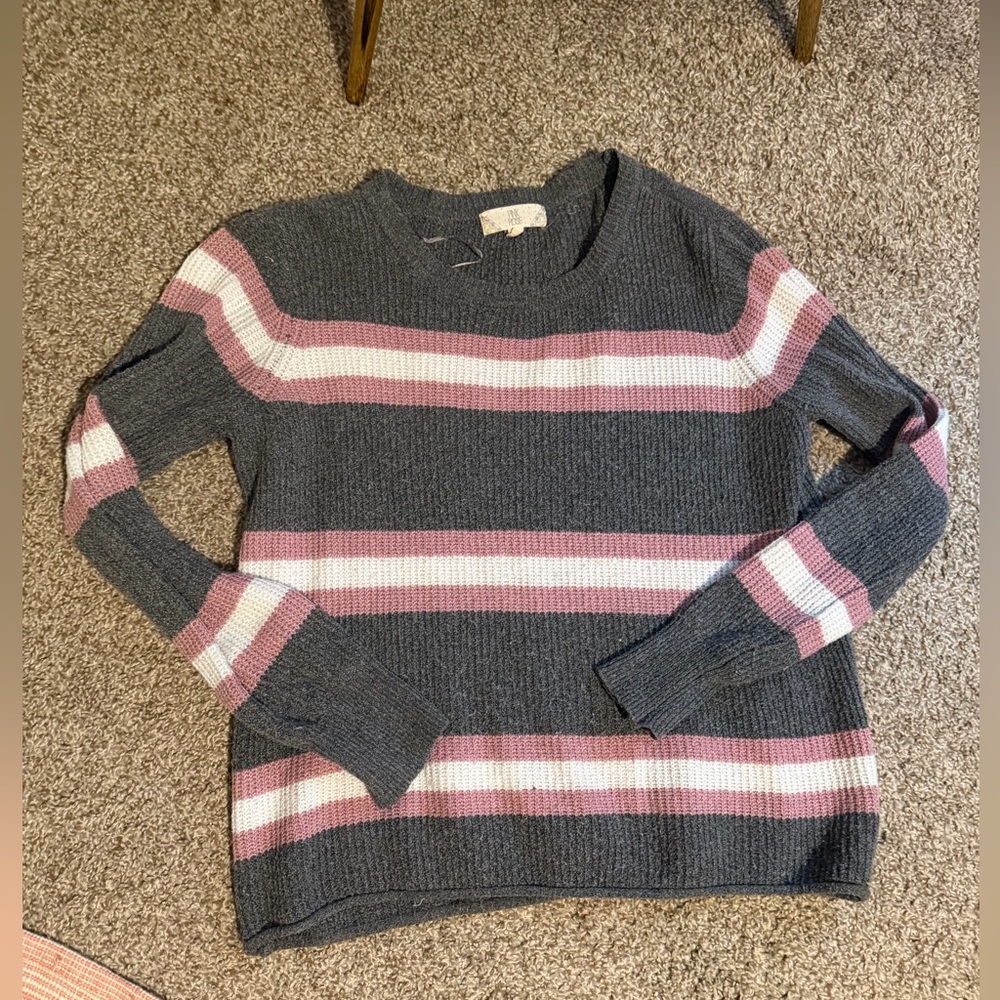 Pink Rose Gray Sweater with Pink & White Stripes